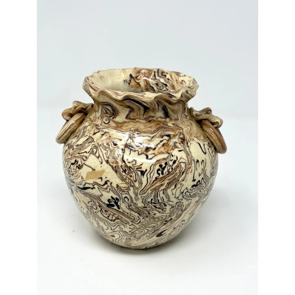 Japanese Nerikomi Neriage Marbled Agateware Pottery Vase with Ring Handles